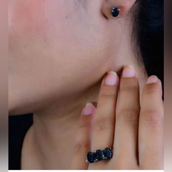 3 Stone Midnight Sapphire Ring & Earrings Set in Durable Stainless Steel. - Picture 6 of 17